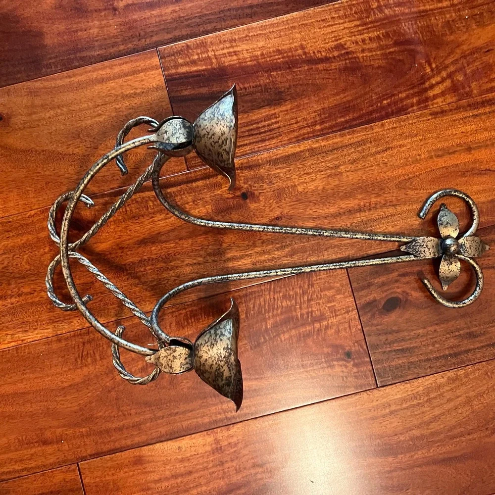 Metal Double Taper Candle Holder Wall Sconce Rustic Floral Scroll Wall Decor